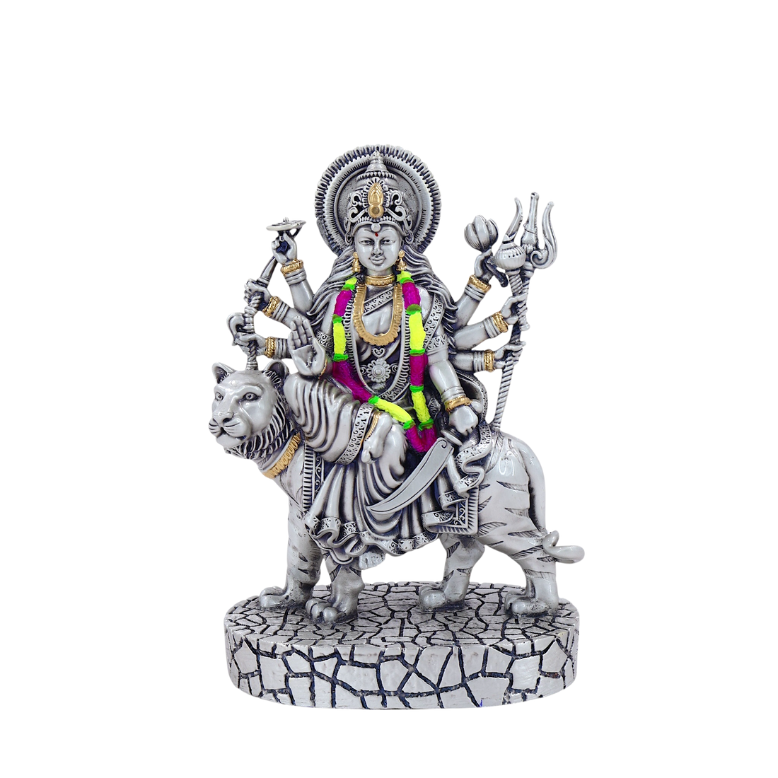 Maa Durga Idol on Tiger | Silver-Plated Murti for Pooja & Decor