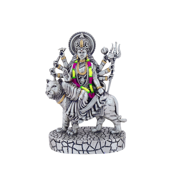 Maa Durga Idol on Tiger | Silver-Plated Murti for Pooja & Decor