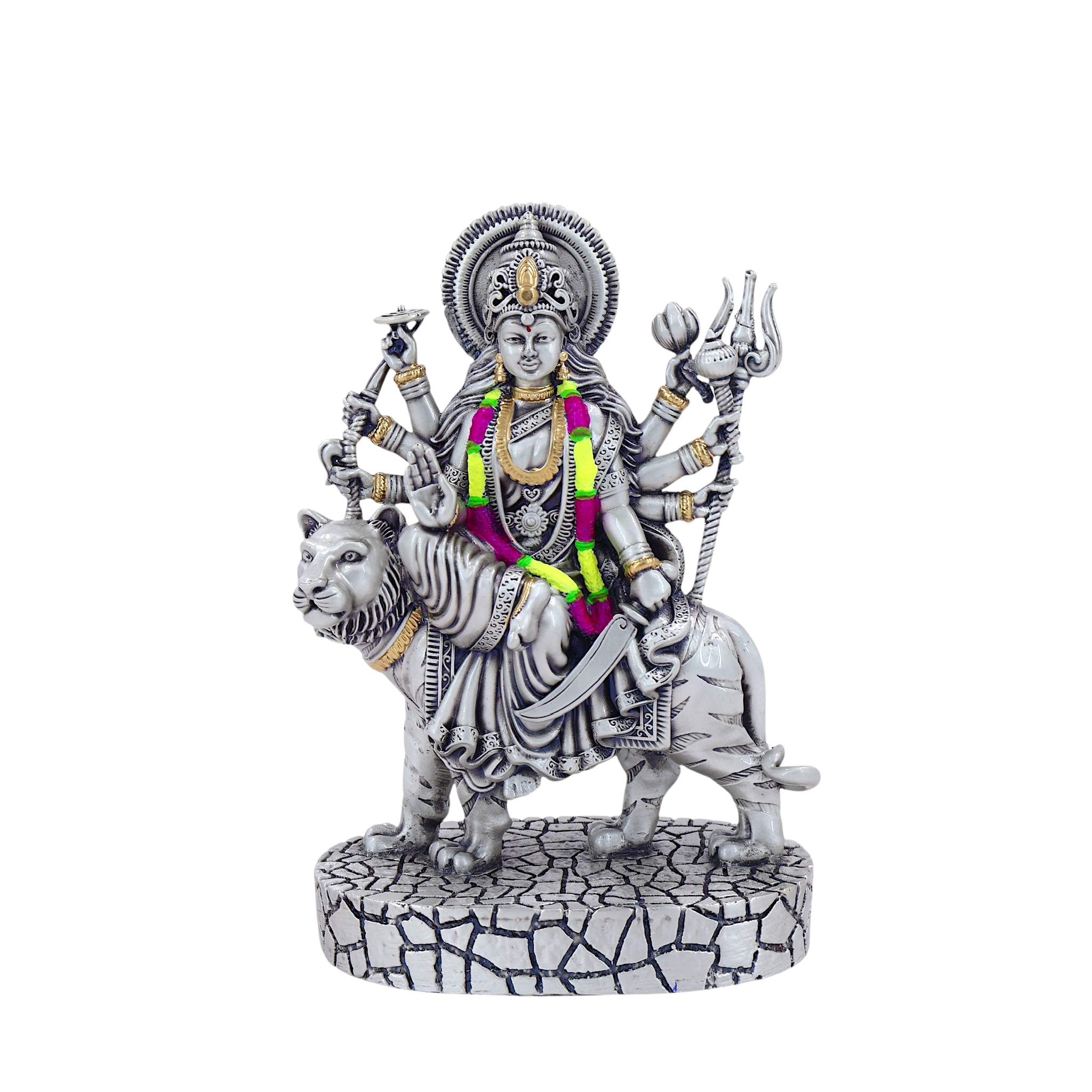 Maa Durga Idol on Tiger | Silver-Plated Murti for Pooja & Decor