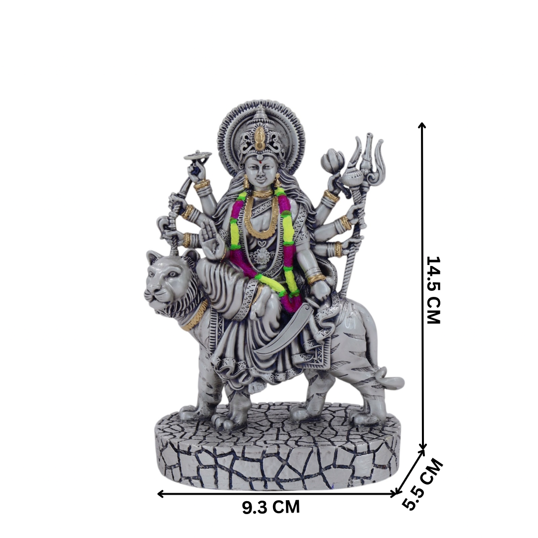 Maa Durga Idol on Tiger | Silver-Plated Murti for Pooja & Decor