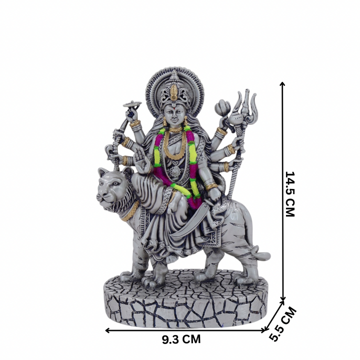 Maa Durga Idol on Tiger | Silver-Plated Murti for Pooja & Decor