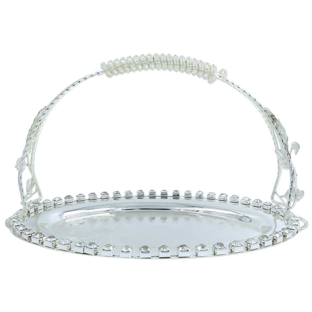Clear oval premium Alloy tray with diamond-cut border and detachable handle, ideal for festive gifting, pooja thali, or decorative use.