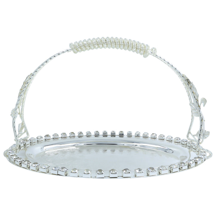 Clear oval premium Alloy tray with diamond-cut border and detachable handle, ideal for festive gifting, pooja thali, or decorative use.