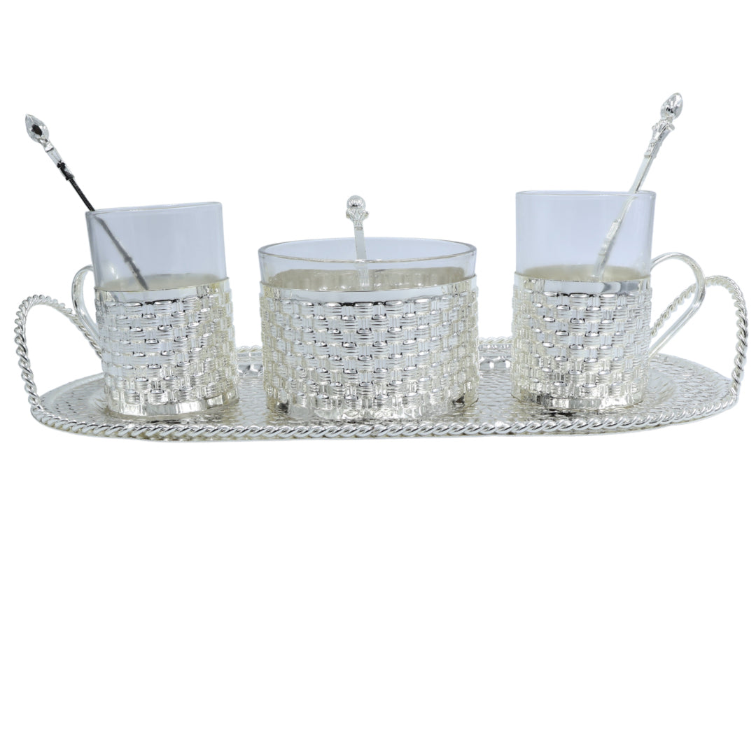 Elegant crystal coffee set with two mugs, a sugar jar, spoons, and a decorative tray — perfect for luxurious serving and gifting.