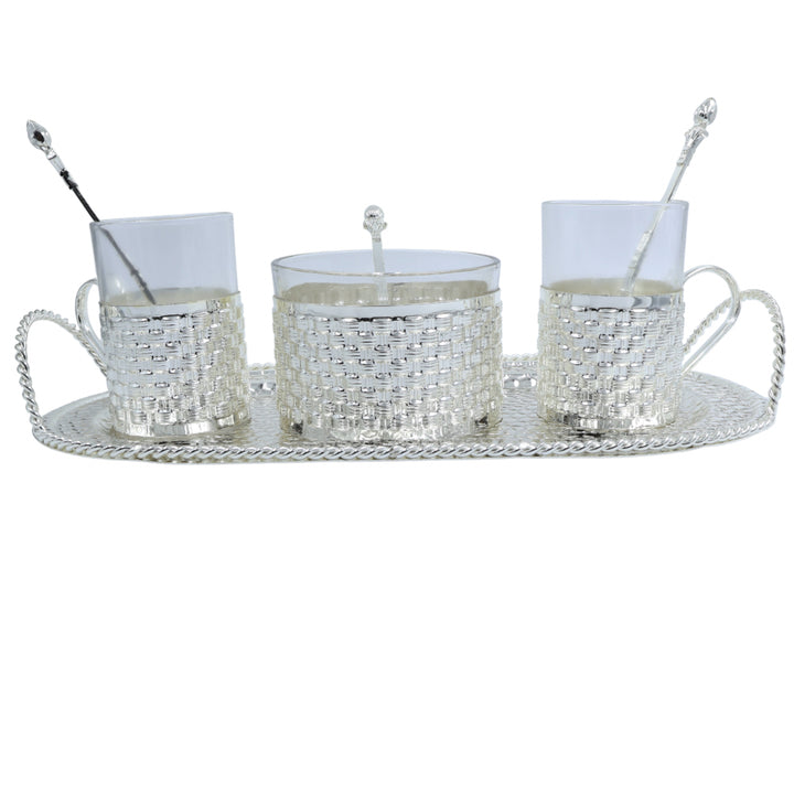 Elegant crystal coffee set with two mugs, a sugar jar, spoons, and a decorative tray — perfect for luxurious serving and gifting.
