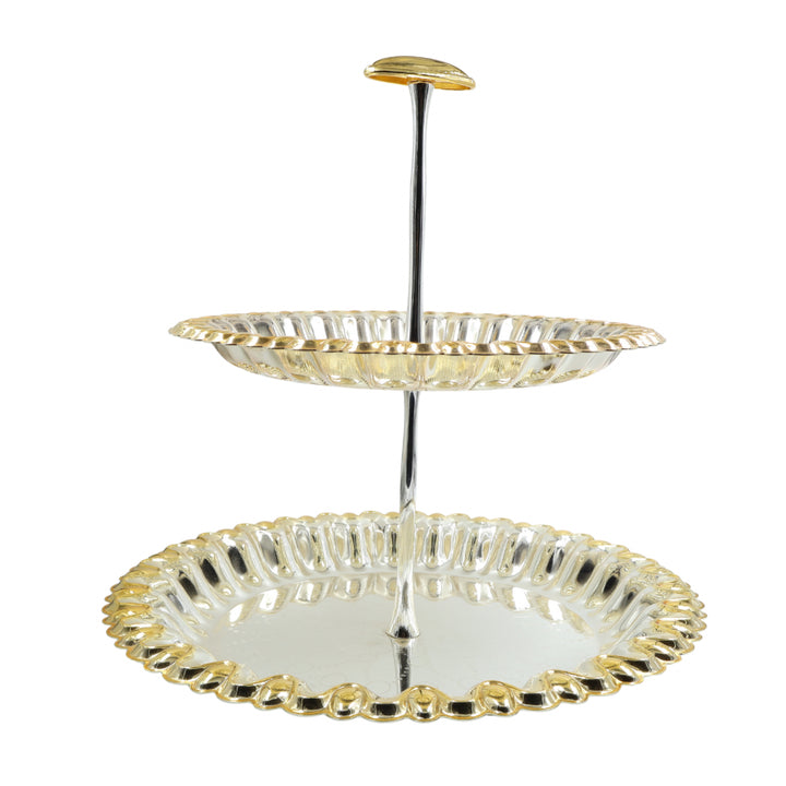 Elegant two-tier serving tray with golden scalloped edges, ideal for displaying desserts, sweets, and snacks.