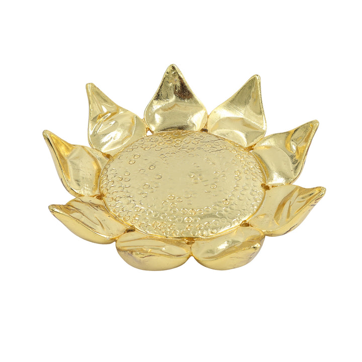 Golden lotus-shaped decorative tray with petal design, ideal as a base for idols, Kalash, pooja thali, or festive décor.