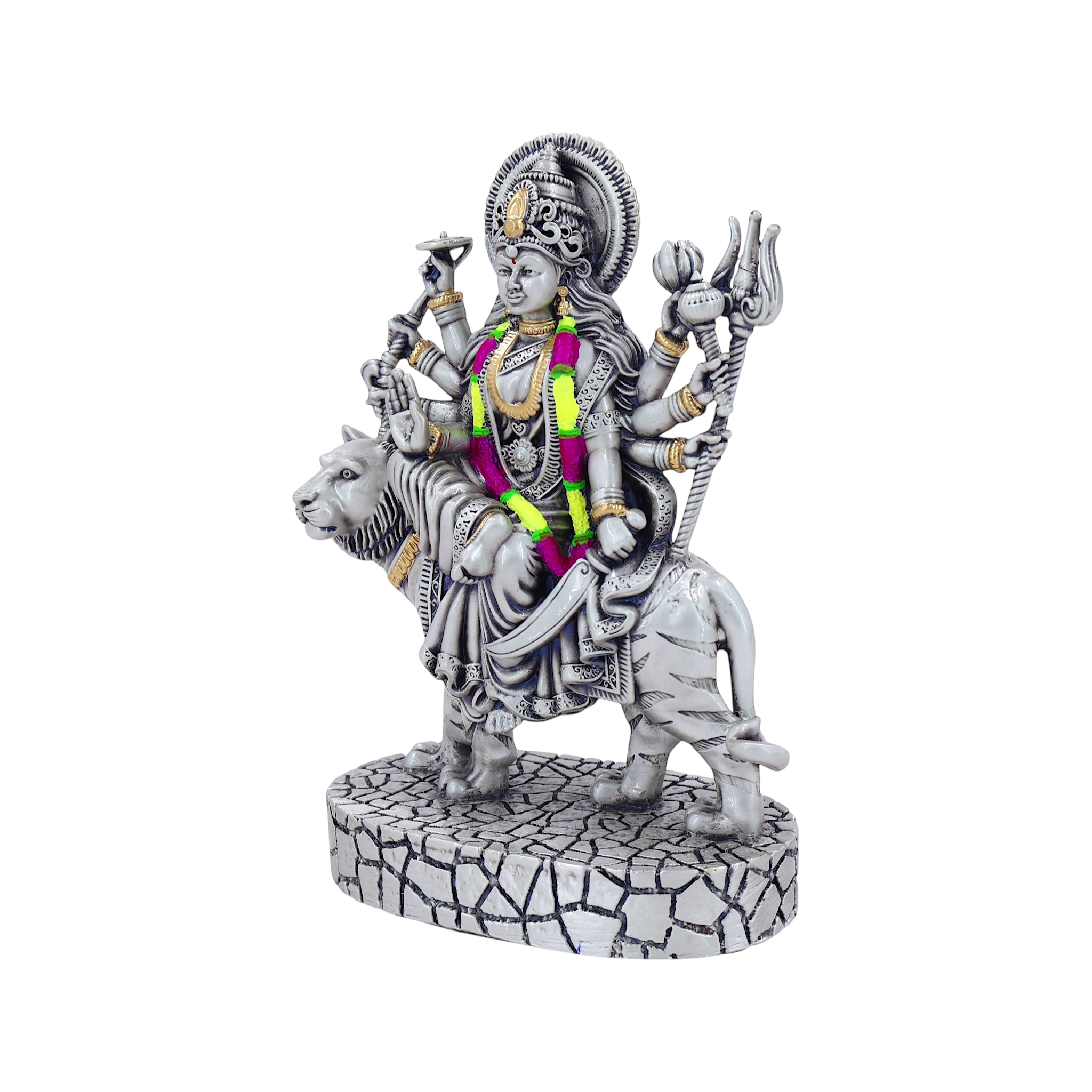 Maa Durga Idol on Tiger | Silver-Plated Murti for Pooja & Decor