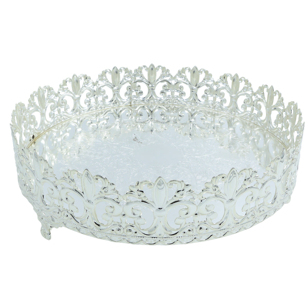 Round decorative tray with intricate floral cutwork border, perfect for festive gifting, pooja, or wedding hamper base.