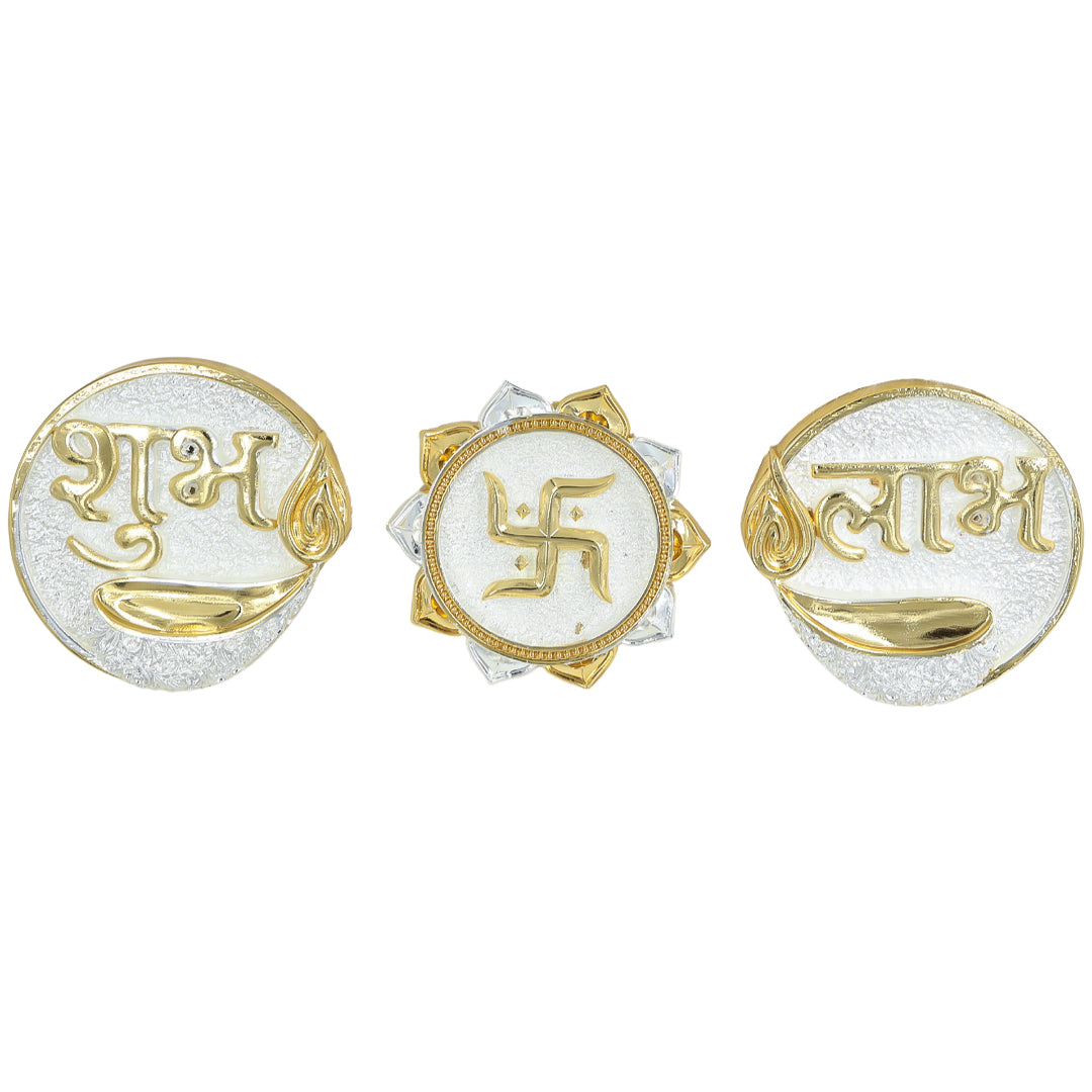 Silver and gold Shubh Labh Swastik wall hanging set for home entrance or temple decor.