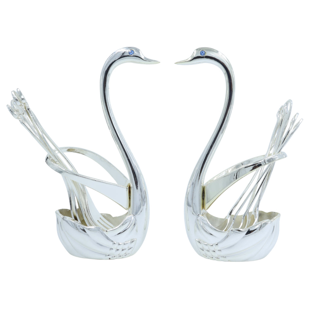 Swan-shaped cutlery holder set with 6 forks and 6 spoons, ideal for table decor or luxury gifting.
