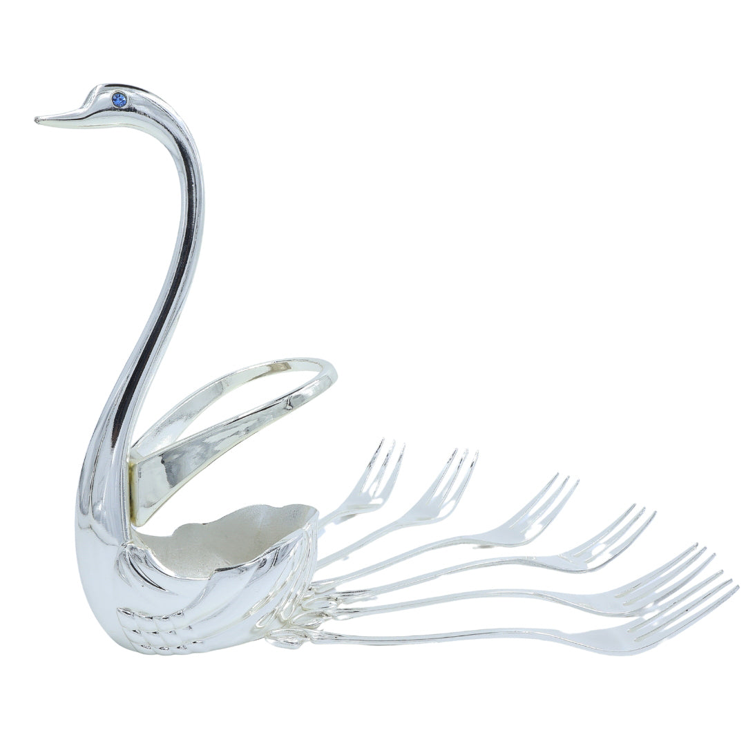 Swan-shaped fork holder with 6 matching forks, perfect for table decor or gifting.