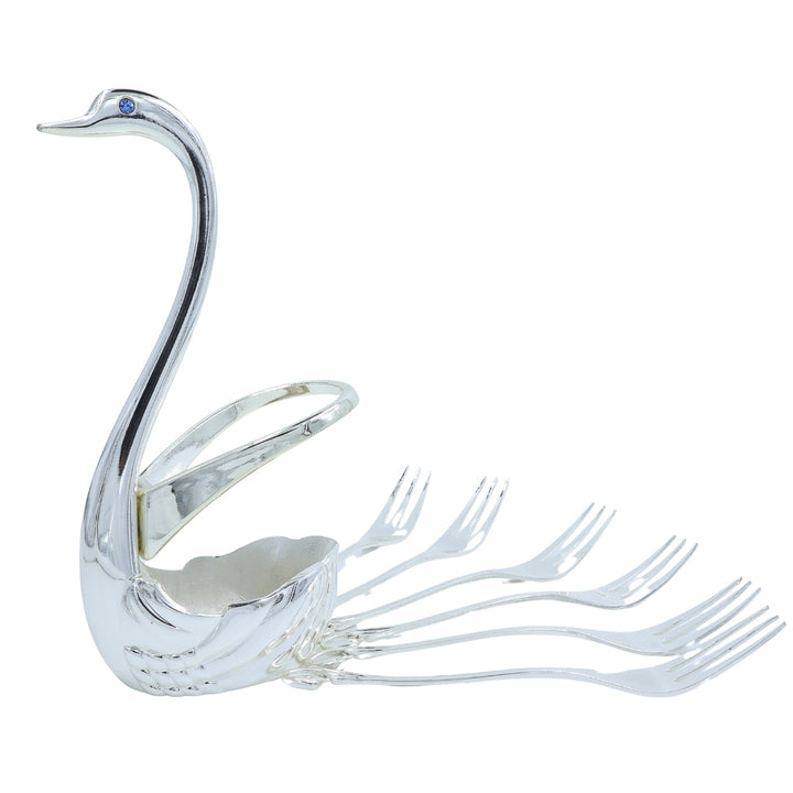 Swan-shaped fork holder with 6 matching forks, perfect for table decor or gifting.