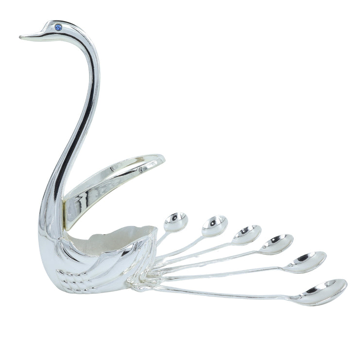 Swan-shaped silver spoon holder with 6 matching forks, perfect for table decor or gifting.